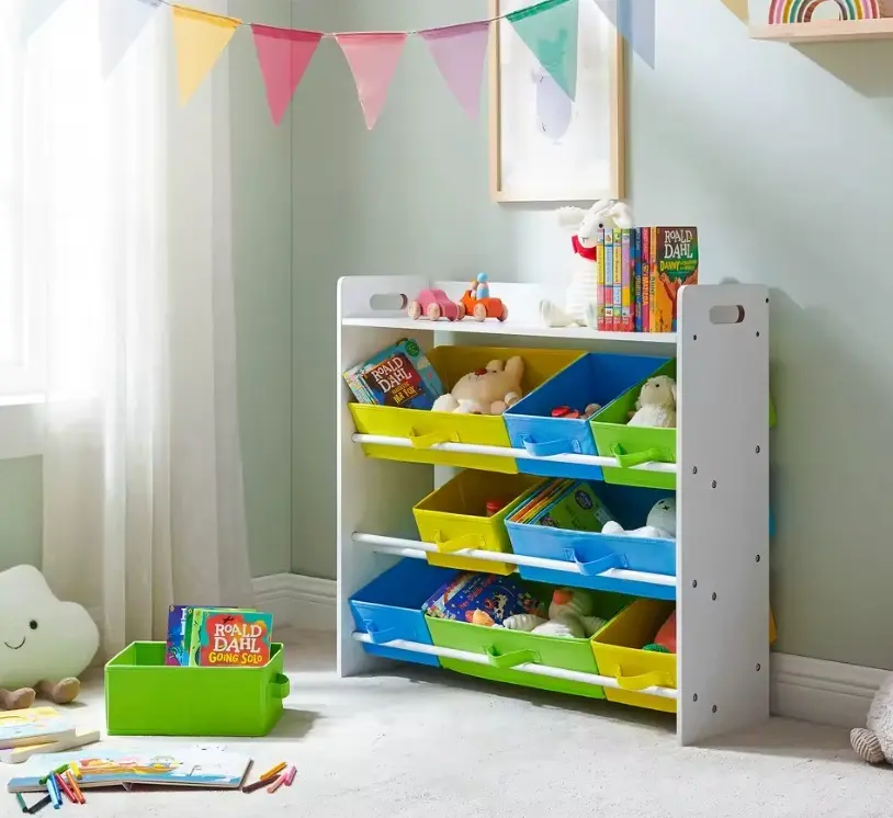 🧸 Estantería Infantil con 9 Cajones de Tela – Organizador de Juguetes y Libros para Niños (Blanco + Multicolor)