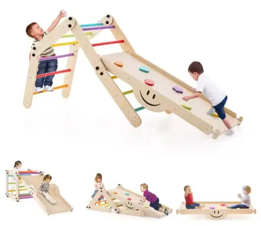 Set de Escalada Montessori 5 en 1 – Estructura de Madera Plegable con Rampa Reversible y Ajustable para Niños +3 Años